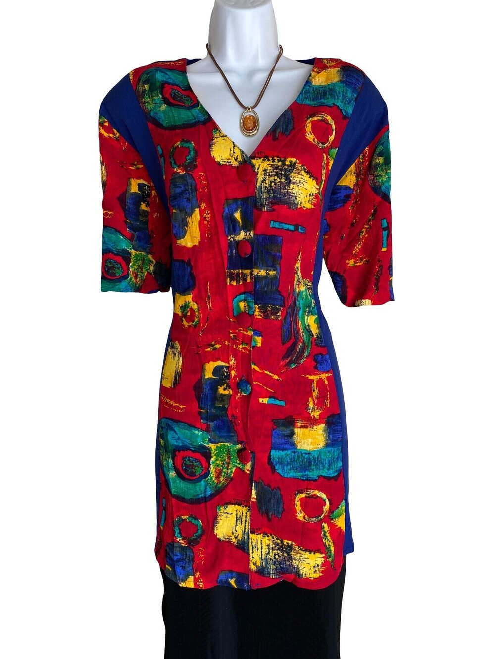 VTG CM Shapes Plus 1X Artsy Boho Blue Red Button Up Tunic Blouse Fall Festival